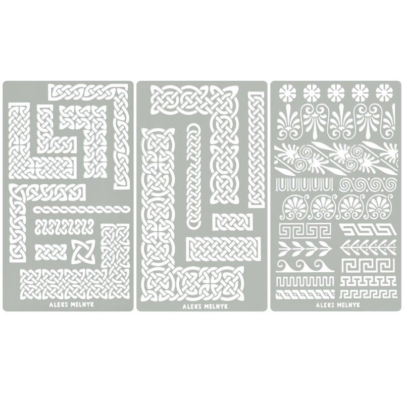 Aleks Melnyk No.36 Small Border Stencils for Bullet Journaling, Greek Key, Celtic Knot, Ornate Viking, Metal Stencils for Engraving, Pyrography, Wood Burning - Image 1